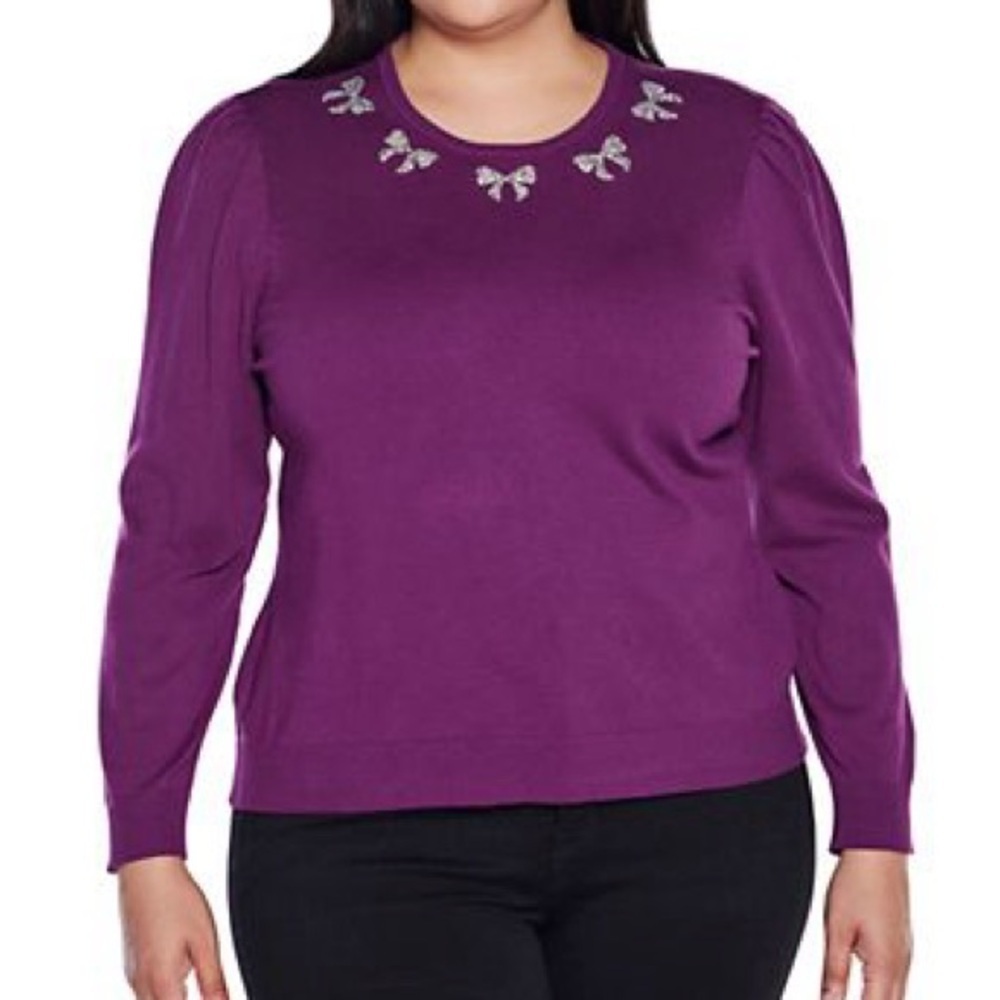 Belldini plus size purple embellished bow neck sweater sugar plum